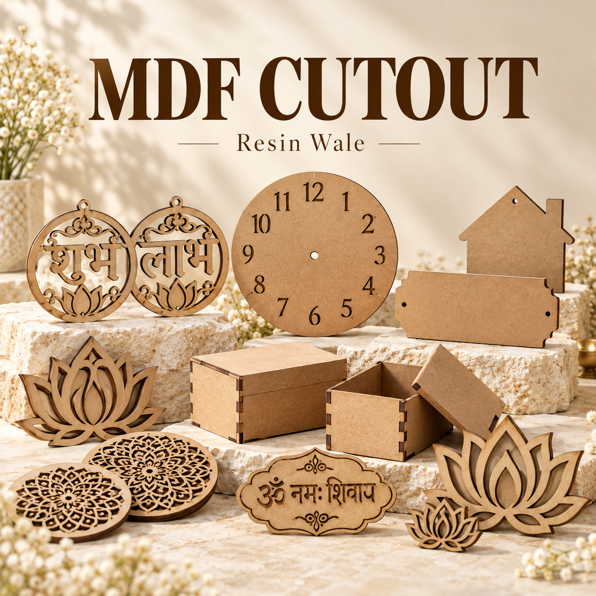 MDF Cutout: Subh Labh, clock bases, nameplates, boxes and fancy MDF by Resin Wale