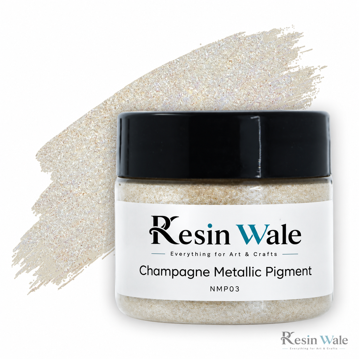 Resin Wale Champagne Metallic Pigment — NMP03, original jar with branded label and watermark