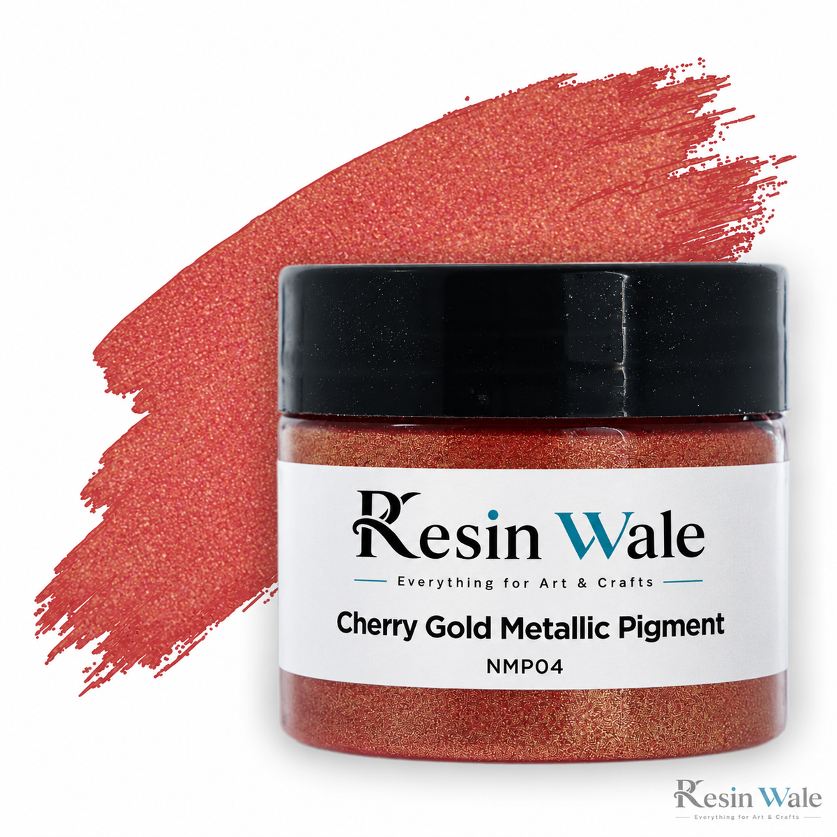 Resin Wale Cherry Gold Metallic Pigment — NMP04, branded original jar and colour swatch