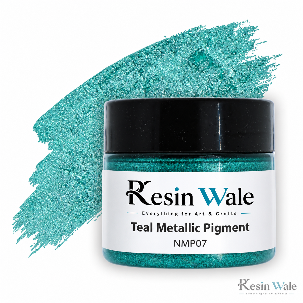 Resin Wale Teal Metallic Pigment — NMP07, branded jar with colour swatch