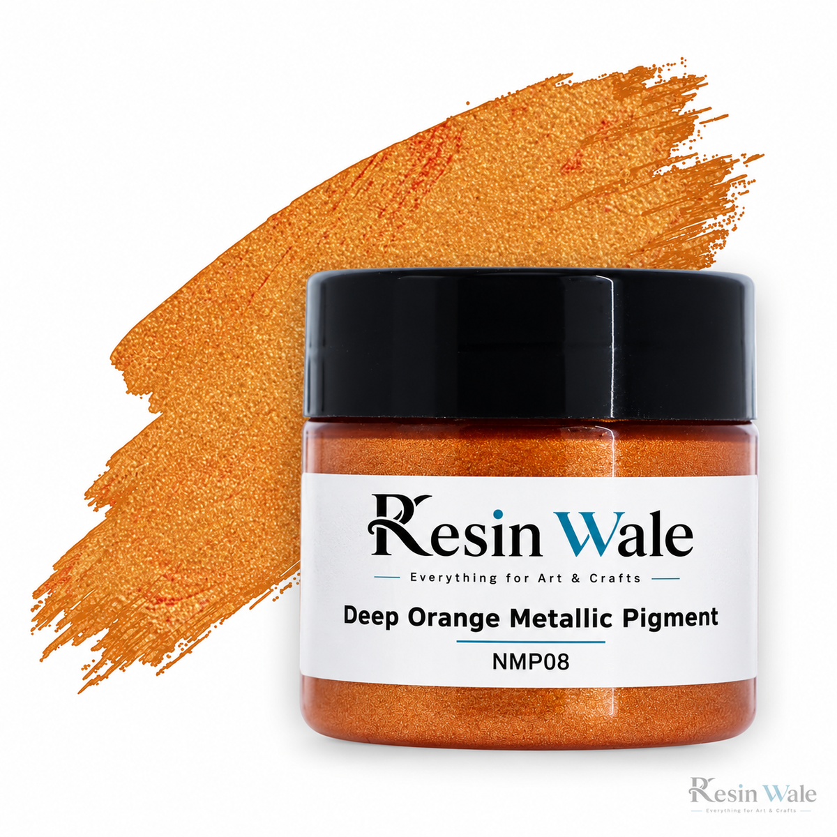 Resin Wale Deep Orange Metallic Pigment — NMP08, branded jar with colour swatch