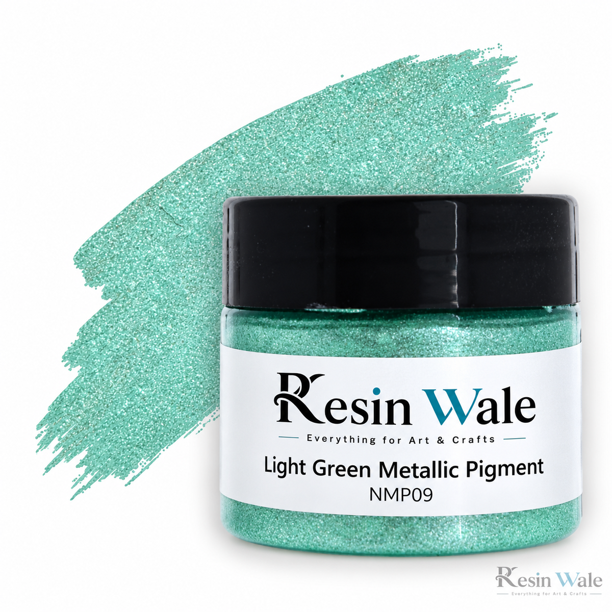 Resin Wale Light Green Metallic Pigment — NMP09, branded jar with colour swatch