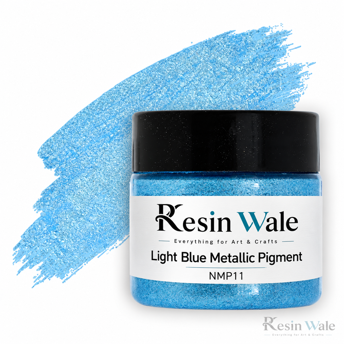 Resin Wale Light Blue Metallic Pigment — NMP11, branded jar with colour swatch