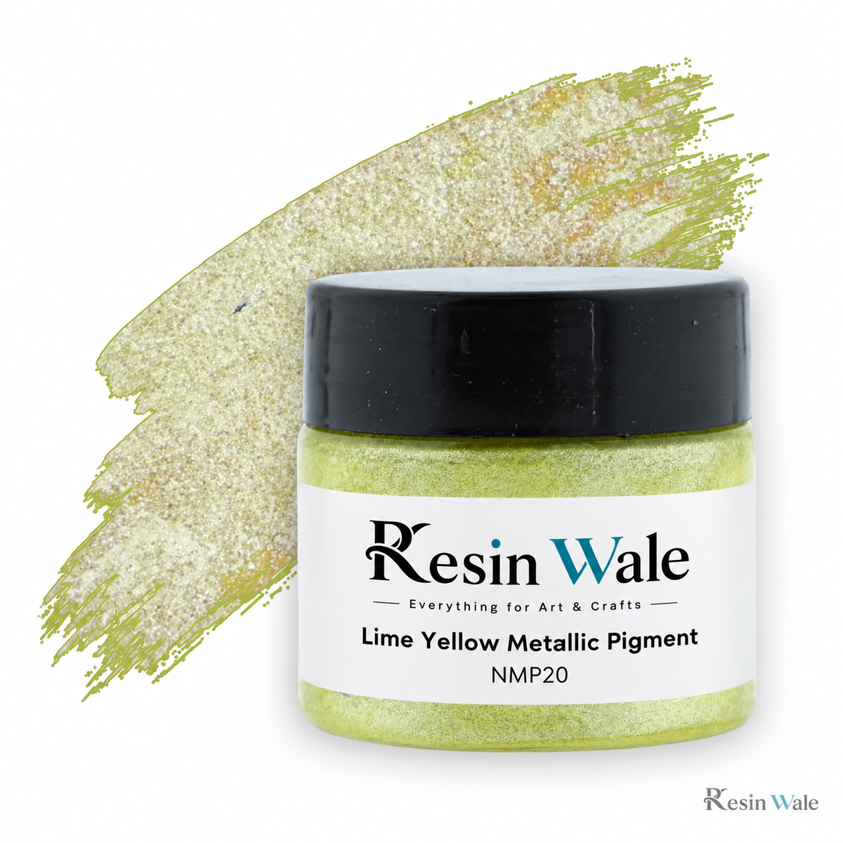 Resin Wale Lime Yellow Metallic Pigment — NMP20, branded original jar and colour swatch