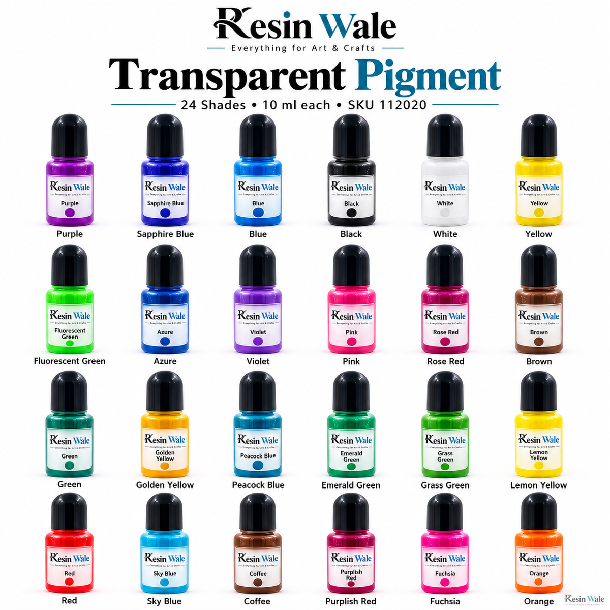 Resin Wale Transparent Pigment, 24 Shades • 10 ml each, SKU 112020